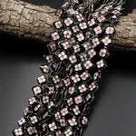 Black Pink Cloisonné Diamond Beads 12mm Decorative Floral Copper Enamel 15.5" Strand