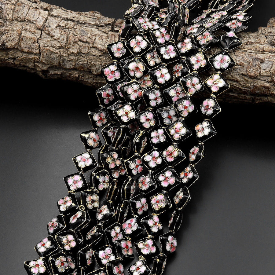 Black Pink Cloisonné Diamond Beads 12mm Decorative Floral Copper Enamel 15.5" Strand