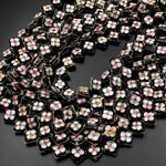 Black Pink Cloisonné Diamond Beads 12mm Decorative Floral Copper Enamel 15.5" Strand