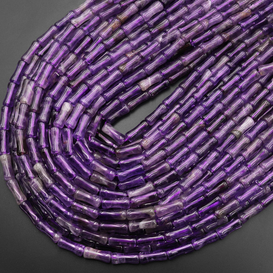 Natural Purple Amethyst Smooth Bamboo Tube Cylinder Beads 15.5" Strand