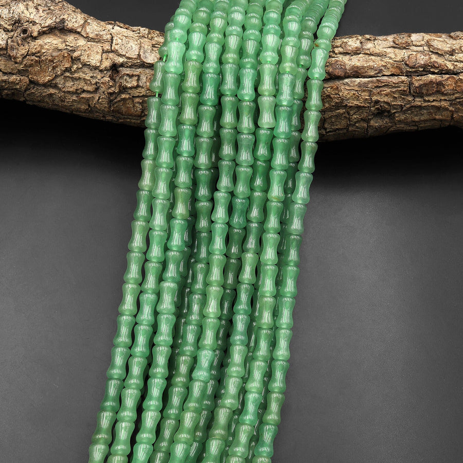 Natural Green Aventurine Tube Cylinder Carved Bamboo Stem Shape 15.5" Strand