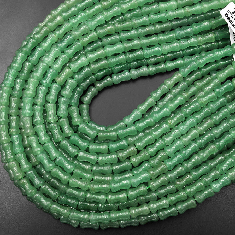 Natural Green Aventurine Tube Cylinder Carved Bamboo Stem Shape 15.5" Strand