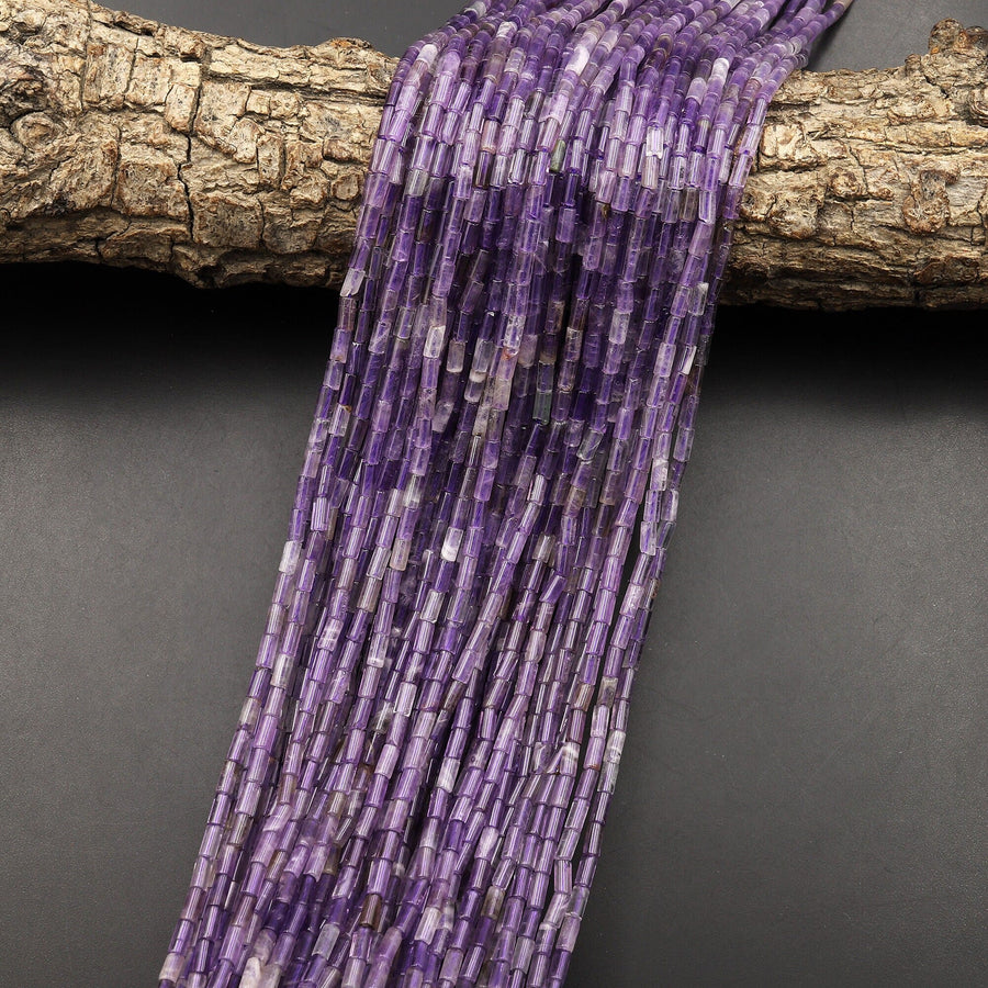 Natural Purple Amethyst 4x2mm Small Thin Smooth Spacer Tube Beads 15.5" Strand