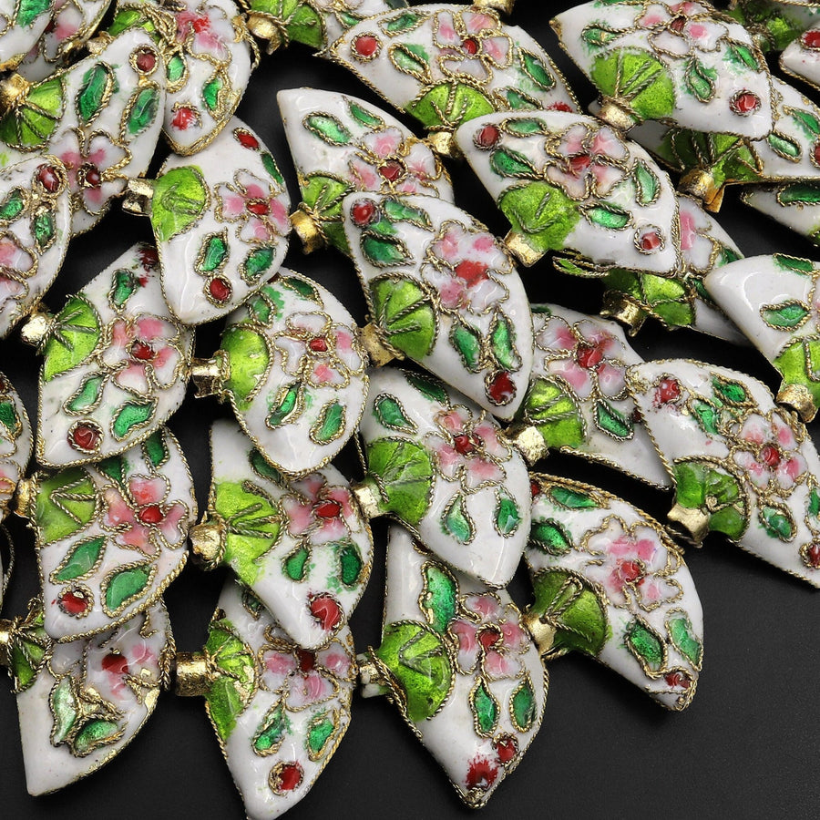 White Pink Green Fan Cloisonné Beads Decorative Floral Enamel 15.5" Strand