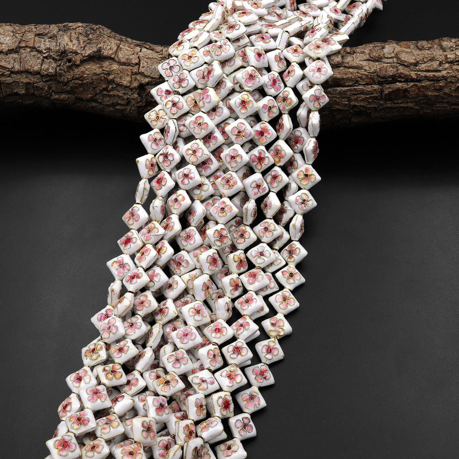 White Pink Cloisonné Diamond Beads 12mm Decorative Floral Enamel 15.5" Strand
