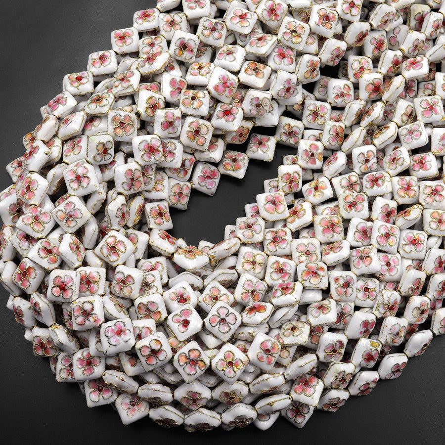 White Pink Cloisonné Diamond Beads 12mm Decorative Floral Enamel 15.5" Strand