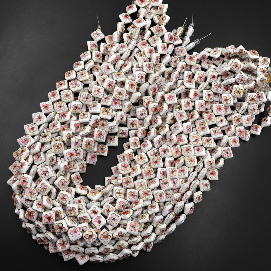 White Pink Cloisonné Diamond Beads 12mm Decorative Floral Enamel 15.5" Strand