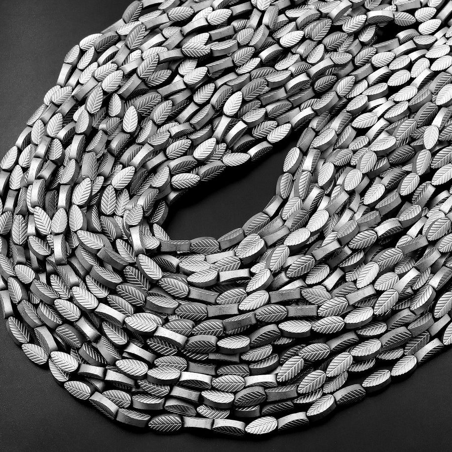Small Silver Hematite Carved Leaf Beads Gemstone 15.5" Strand