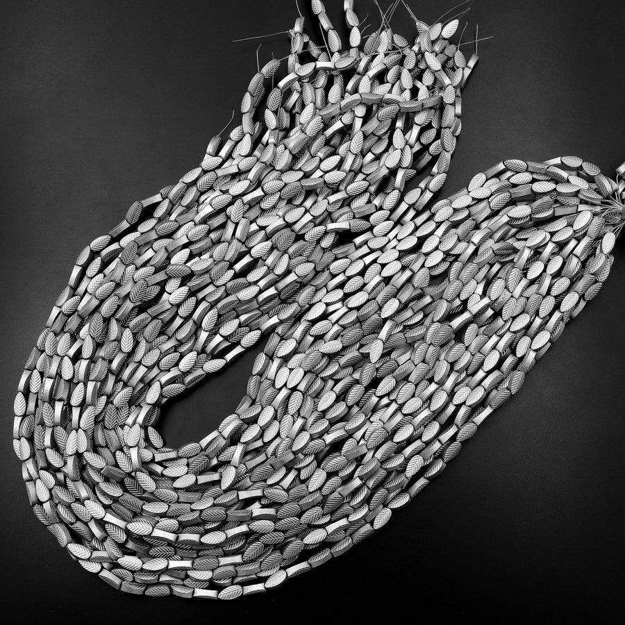 Small Silver Hematite Carved Leaf Beads Gemstone 15.5" Strand
