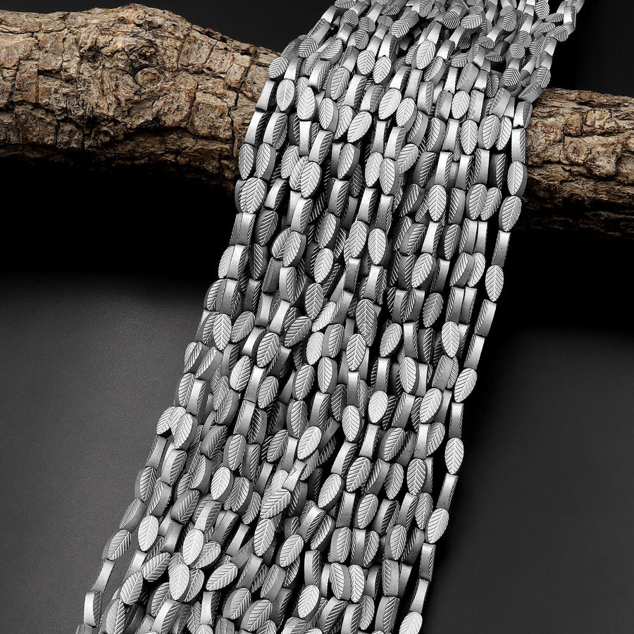 Small Silver Hematite Carved Leaf Beads Gemstone 15.5" Strand