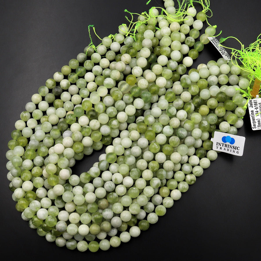 Natural Green Serpentine Jade Smooth Round Beads 4mm 6mm 8mm 10mm 15.5" Strand