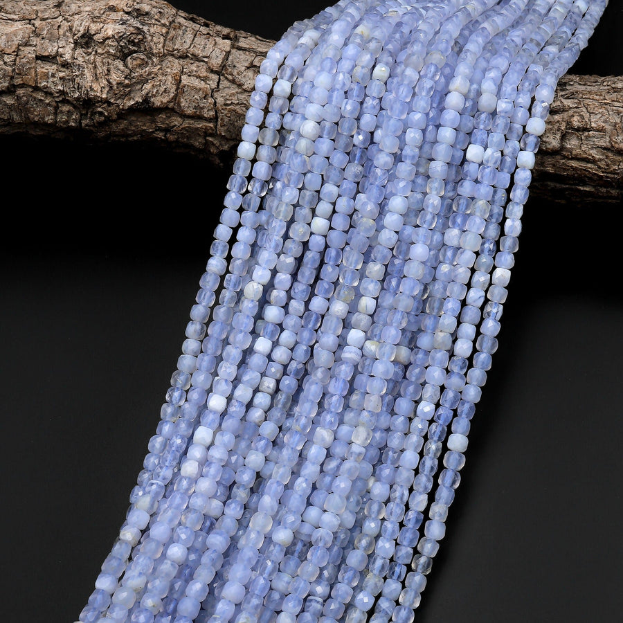 Natural Blue Lace Agate Chalcedony Faceted 3mm 4mm Cube Beads Micro Laser Diamond Cut Gemstone 15.5" Strand