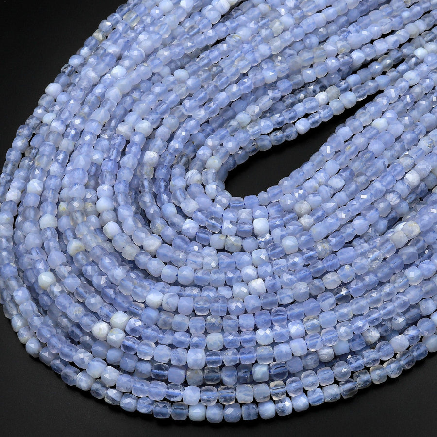 Natural Blue Lace Agate Chalcedony Faceted 3mm 4mm Cube Beads Micro Laser Diamond Cut Gemstone 15.5" Strand