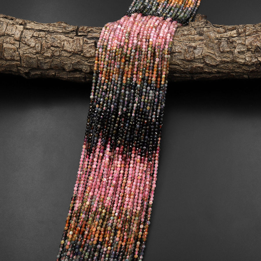 Natural Multicolor Pink Green Blue Yellow Tourmaline Micro Faceted 2mm Round Gemstone Beads 15.5" Strand