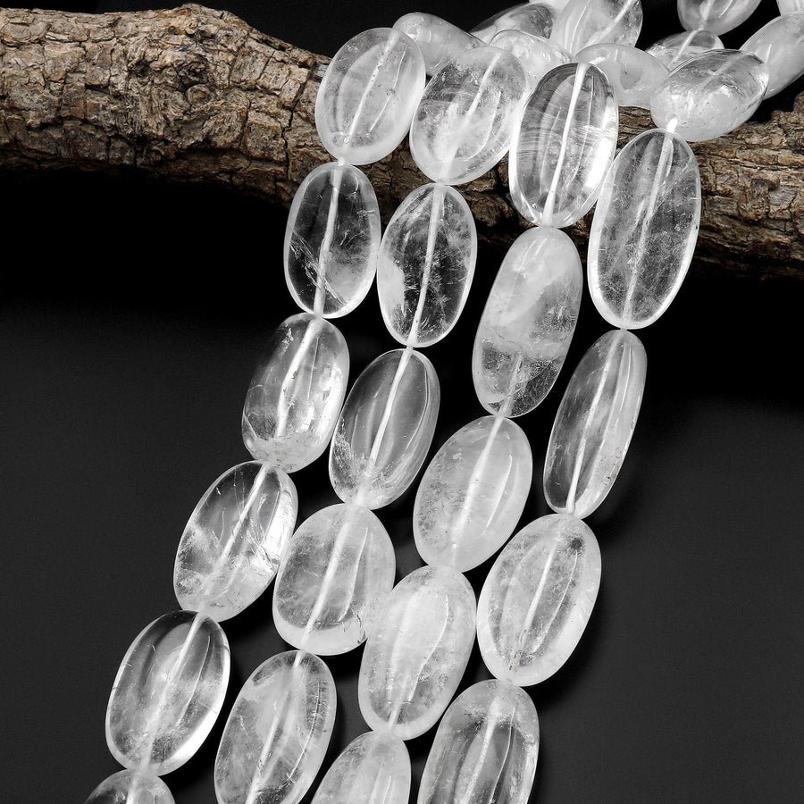 Real Natural Rock Crystal Quartz Freeform Thick Oval Nugget Bead 15.5" Strand