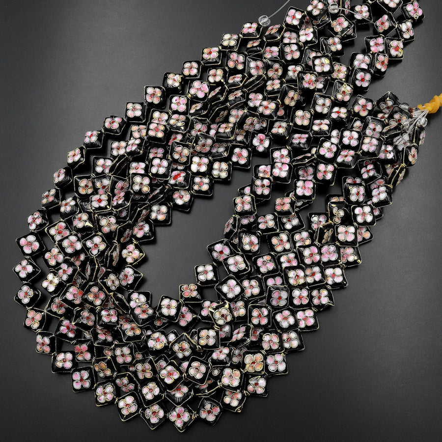 Black Pink Cloisonné Diamond Beads 12mm Decorative Floral Copper Enamel 15.5" Strand