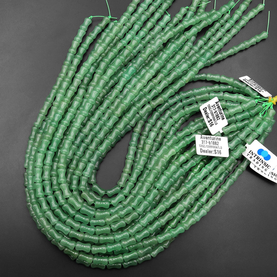 Natural Green Aventurine Tube Cylinder Carved Bamboo Stem Shape 15.5" Strand