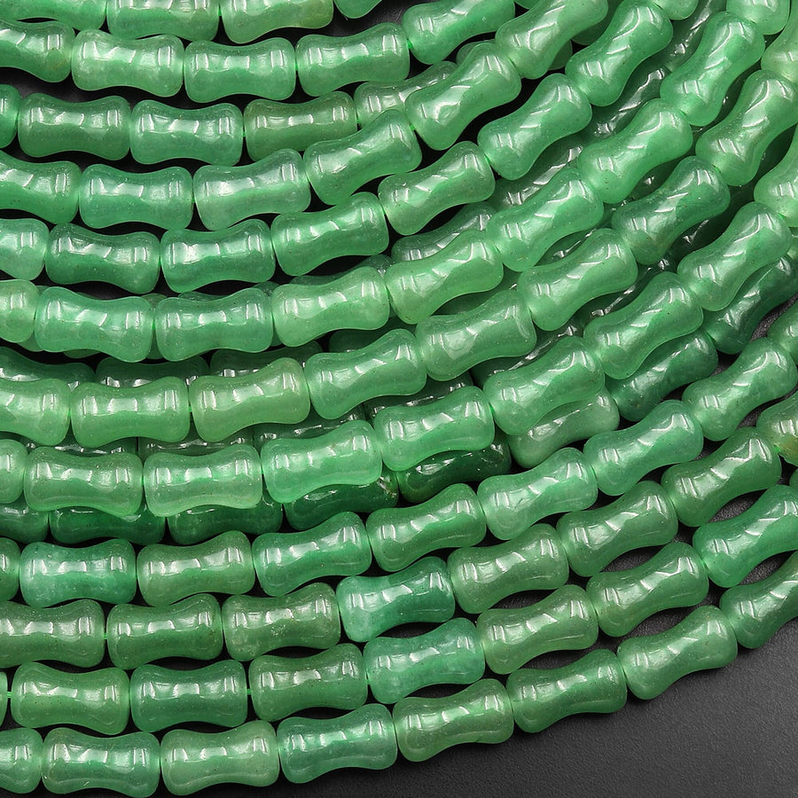 Natural Green Aventurine Tube Cylinder Carved Bamboo Stem Shape 15.5" Strand