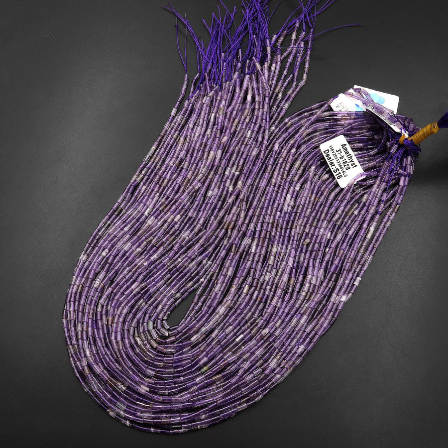 Natural Purple Amethyst 4x2mm Small Thin Smooth Spacer Tube Beads 15.5" Strand