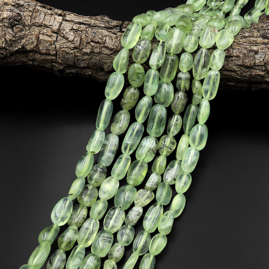 AAA Extra Translucent Natural Prehnite Freeform Oval Nugget Beads 15.5" Strand