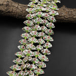 White Pink Green Fan Cloisonné Beads Decorative Floral Enamel 15.5" Strand