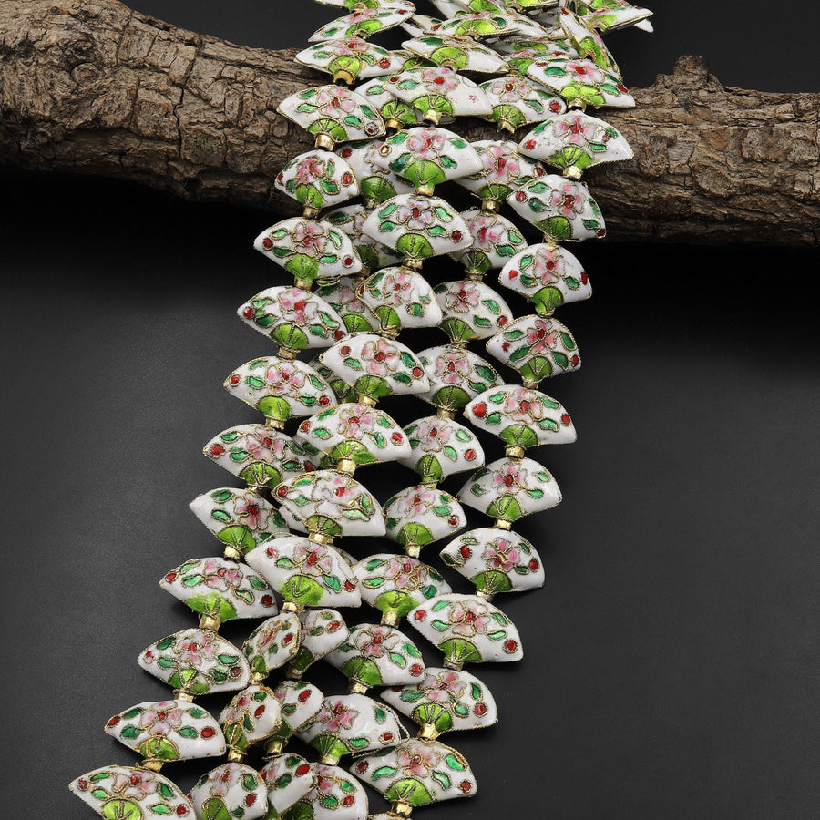 White Pink Green Fan Cloisonné Beads Decorative Floral Enamel 15.5" Strand