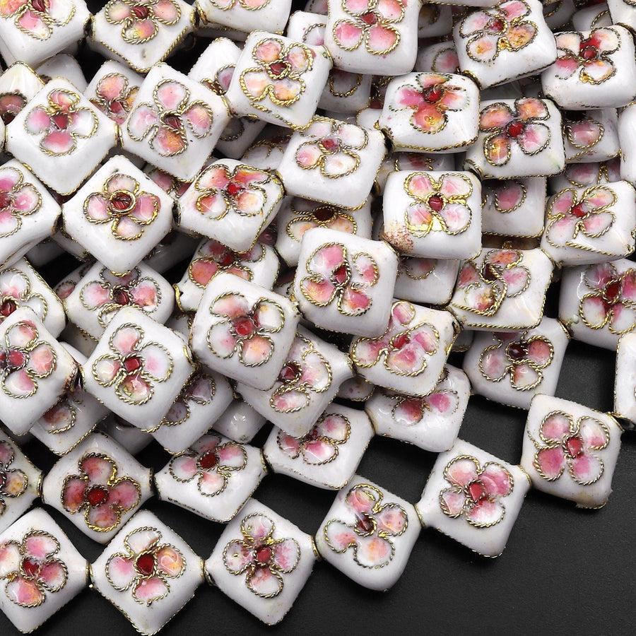 White Pink Cloisonné Diamond Beads 12mm Decorative Floral Enamel 15.5" Strand