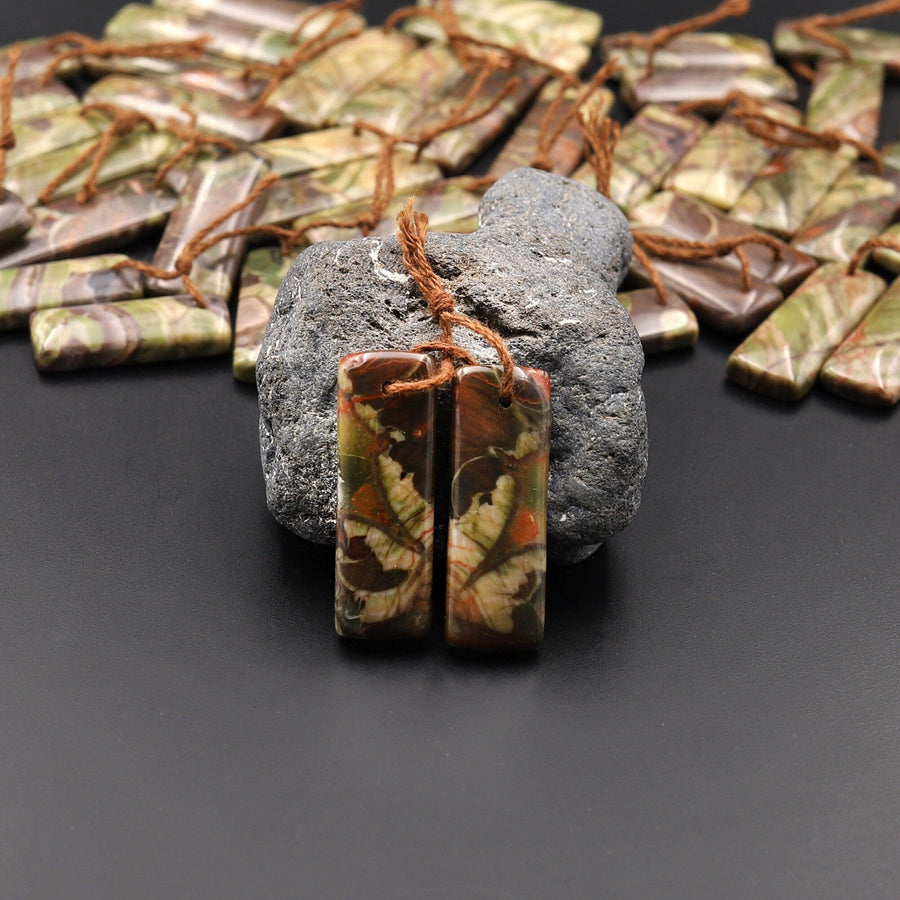 Natural Mushroom Rhyolite Jasper Matched Rectangle Gemstone Earring Bead Pair