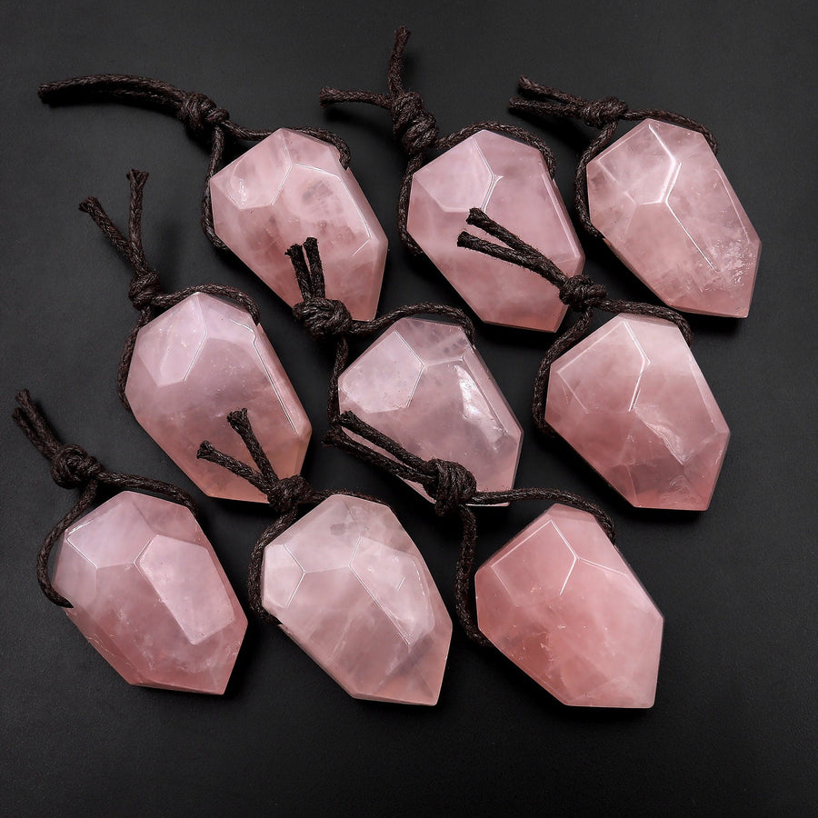 Faceted Natural Madagascar Pink Rose Quartz Point Pendant Side Drilled Gemstone Crystal Pendulum
