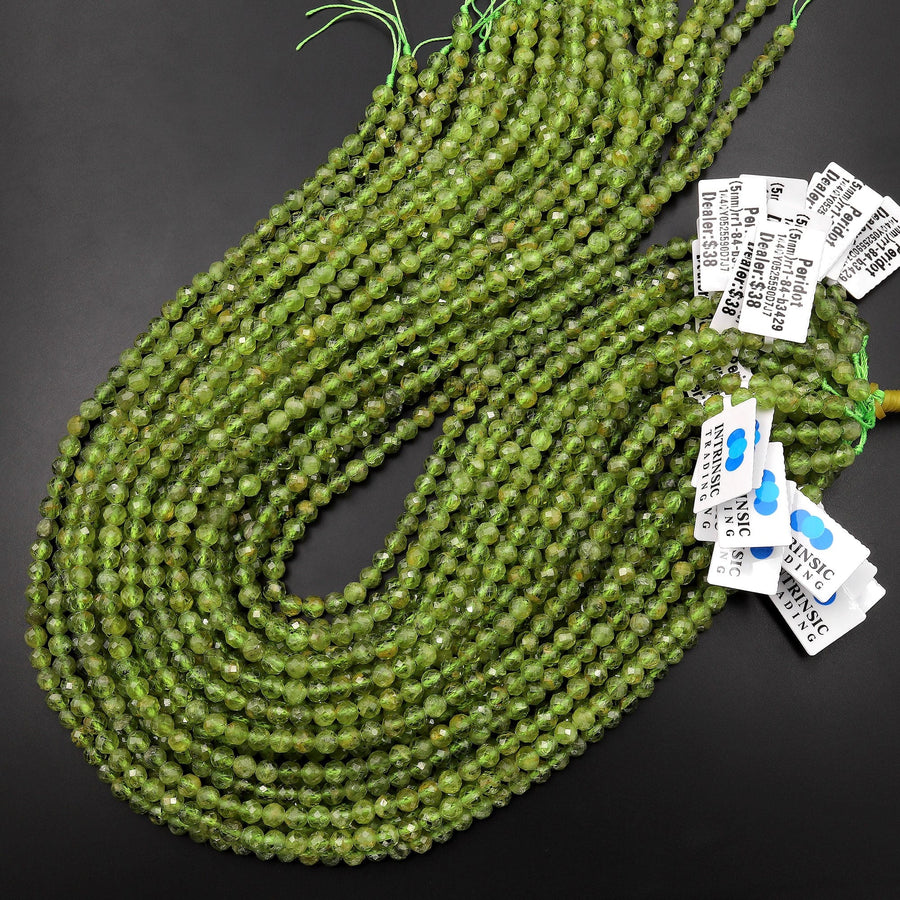 Faceted Natural Green Peridot 4mm Round Beads Micro Diamond Cut Gemstone 15.5" Strand