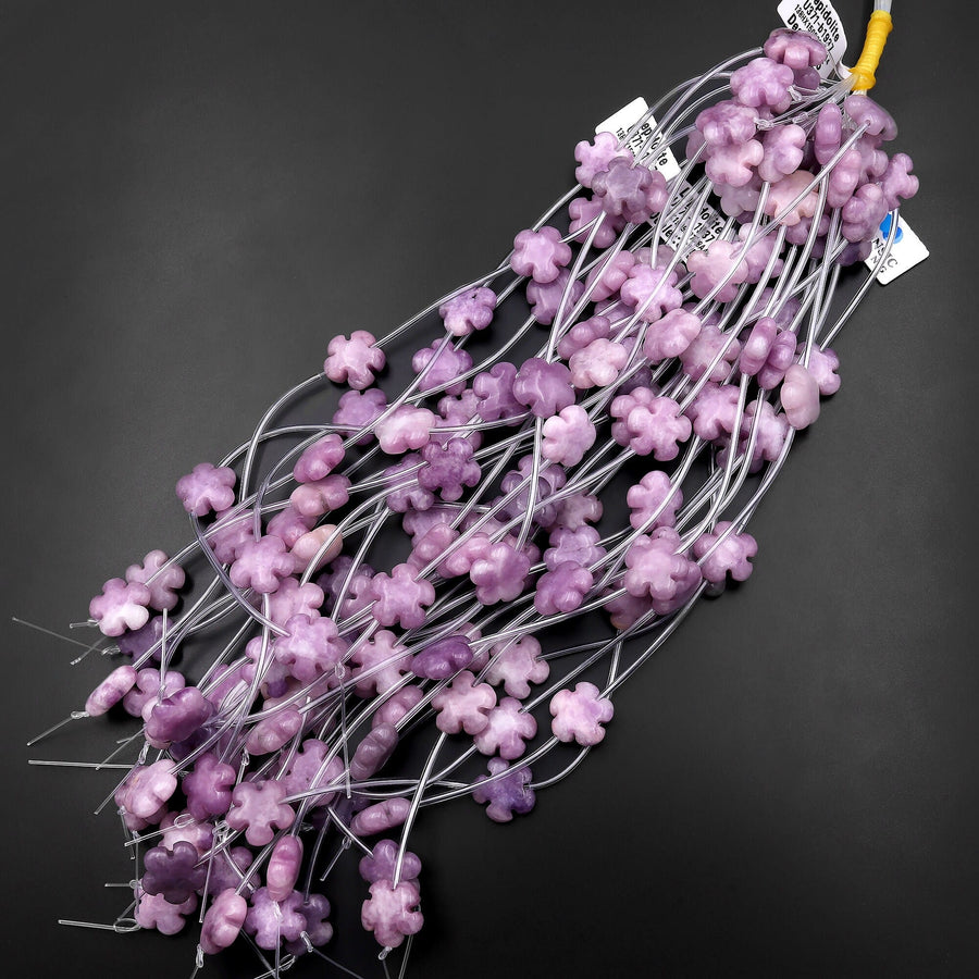 Natural Purple Lepidolite Carved Cherry Blossom Flower Gemstone Beads 15mm