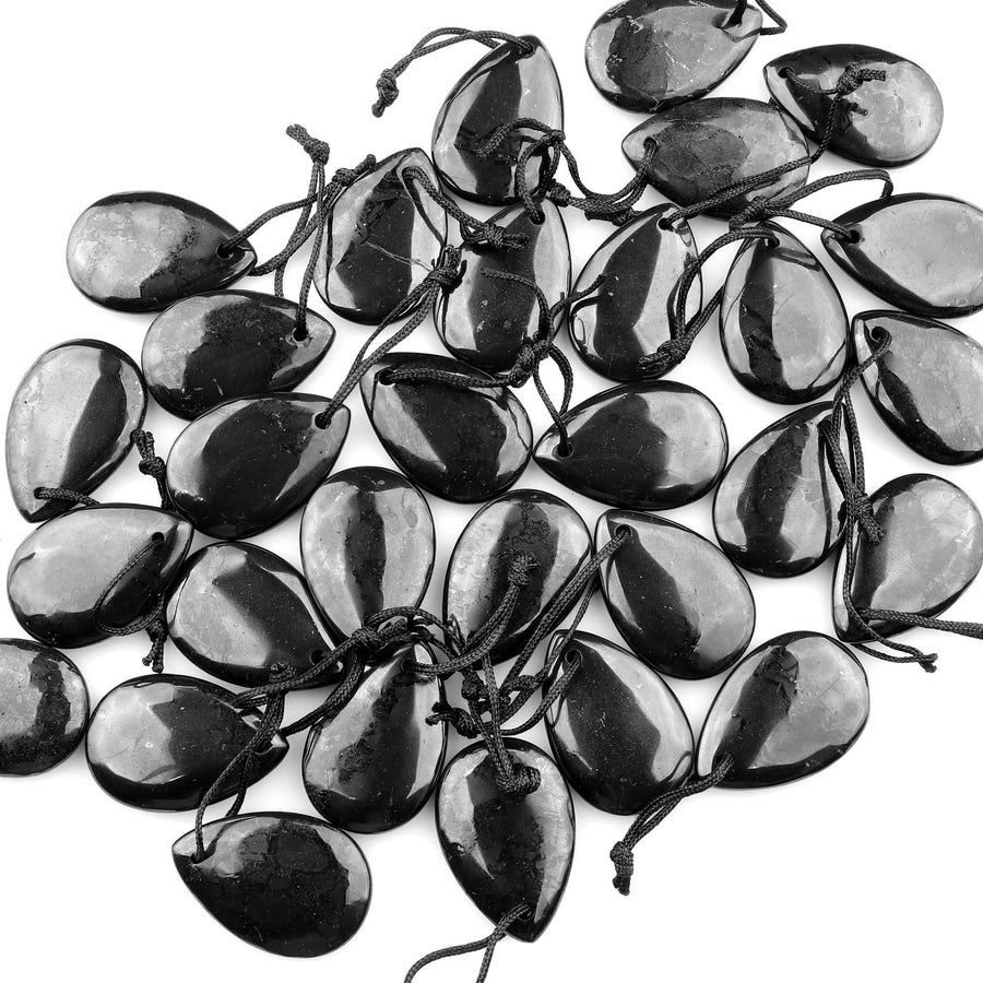 Hand Cut Genuine Natural Shungite Teardrop Pendant 30x20mm High Quality Black Lustrous Gemstone from Russia
