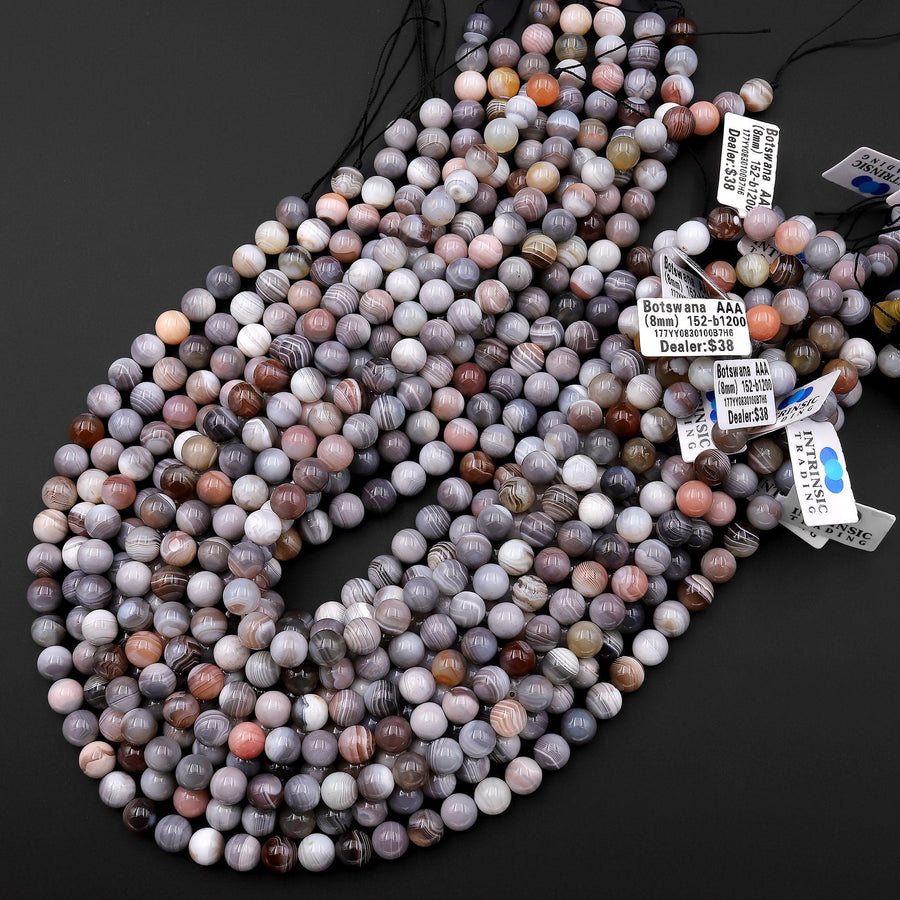 AAA Natural Botswana Agate 4mm 6mm 8mm 10mm 12mm Round Beads Vivid Veins Bands 15.5" Strand