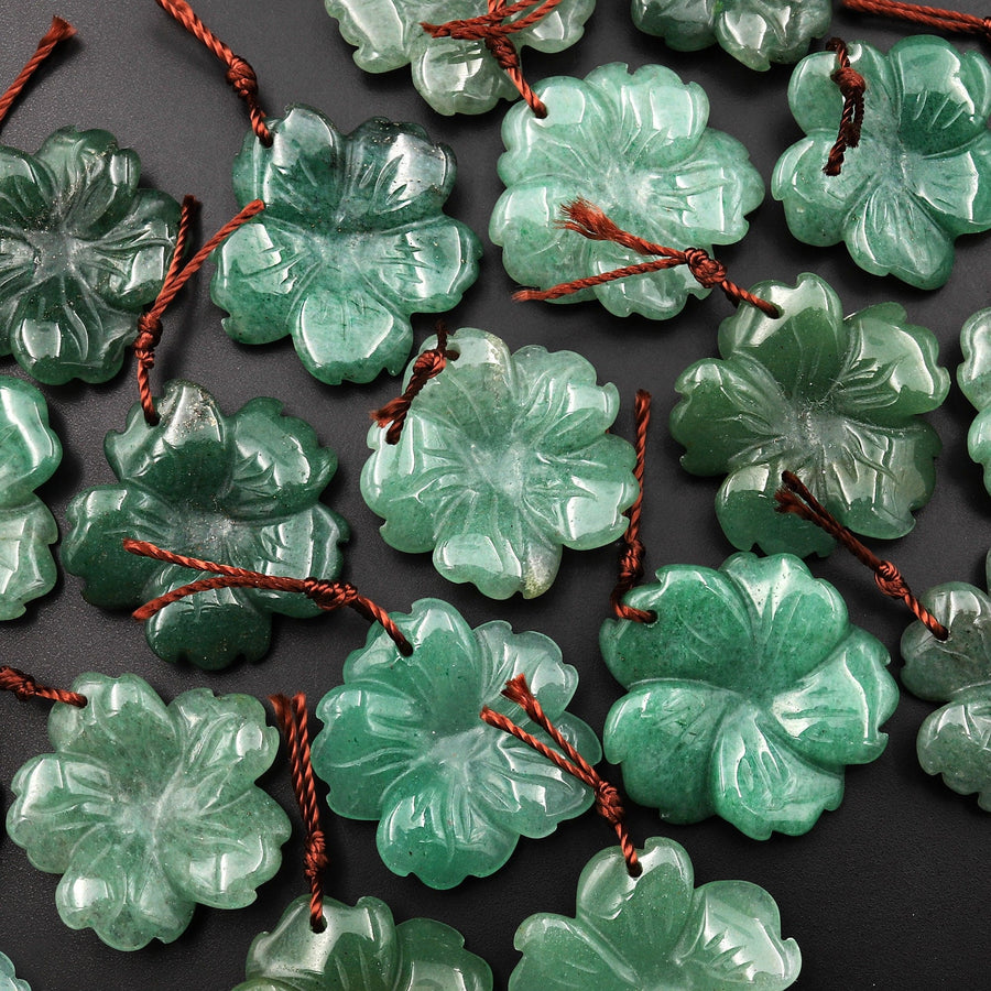 Hand Carved Natural Green Aventurine Flower Pendant Focal Bead
