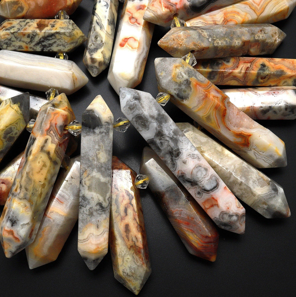 Large Natural Crazy Lace Agate Beads Top Side Drilled Double Terminated Crystal Focal Point Pendants 15.5" Strand