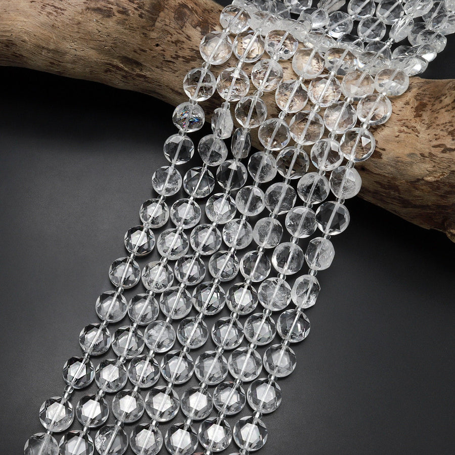 AAA Super Clear Real Genuine Natural Rock Crystal Quartz 10mm 12mm Faceted Coin Beads 15.5" Strand