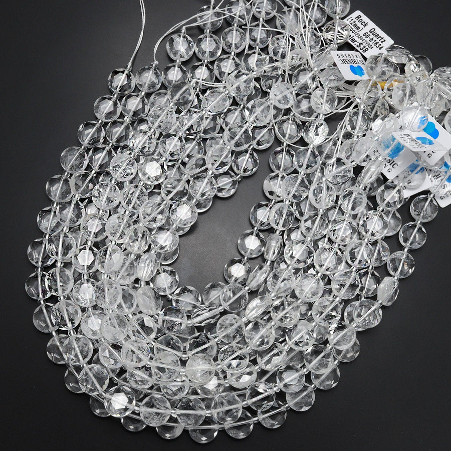 AAA Super Clear Real Genuine Natural Rock Crystal Quartz 10mm 12mm Faceted Coin Beads 15.5" Strand
