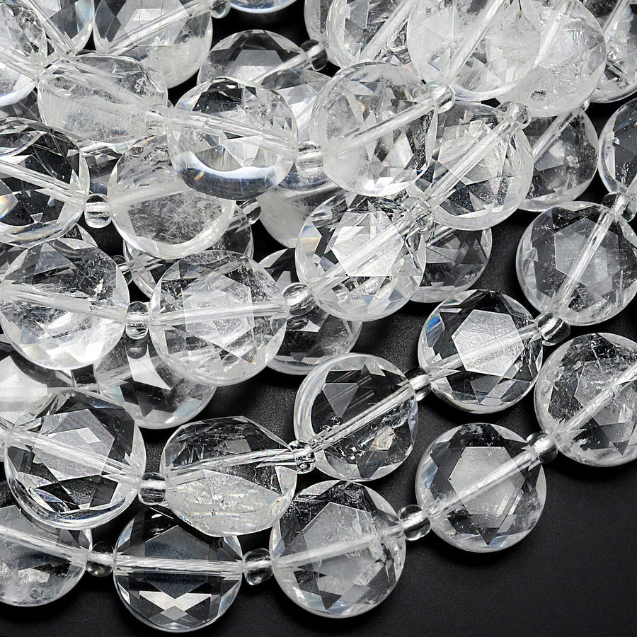 AAA Super Clear Real Genuine Natural Rock Crystal Quartz 10mm 12mm Faceted Coin Beads 15.5" Strand