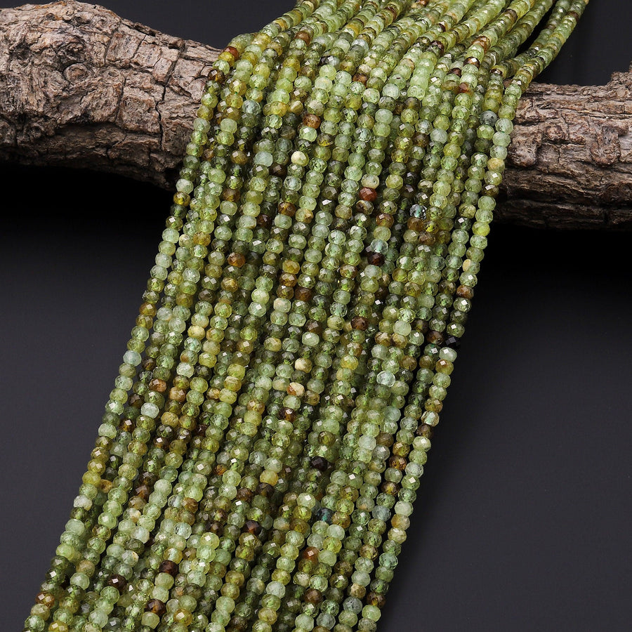Faceted Natural Green Garnet Rondelle 3mm 4mm Gemstone Beads 15.5" Strand