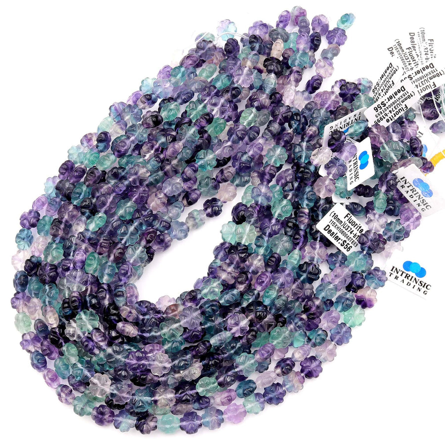Natural Green Purple Fluorite Cherry Flower Beads 10mm 3D Carving