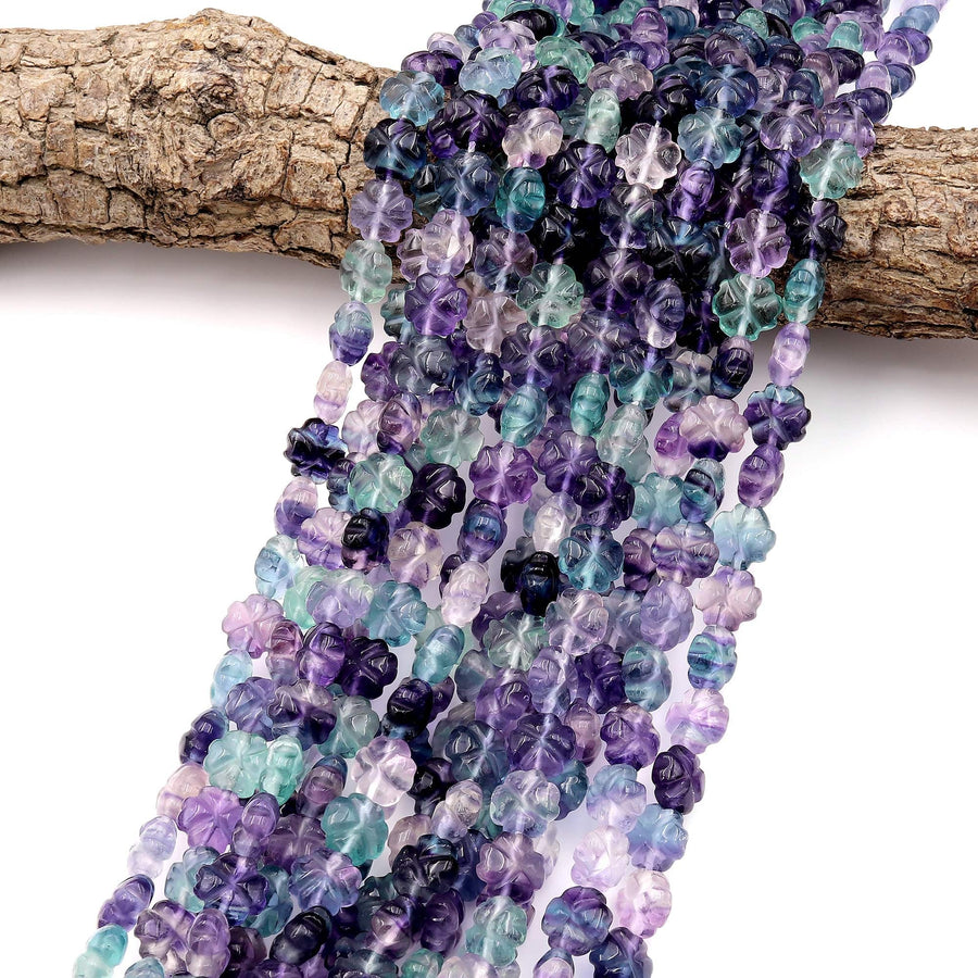 Natural Green Purple Fluorite Cherry Flower Beads 10mm 3D Carving
