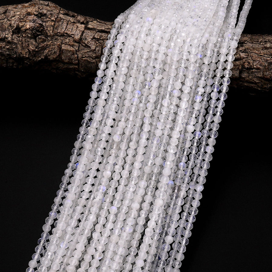 Natural Rainbow Moonstone 4mm Faceted Round Beads Translucent Gemstone 15.5" Strand