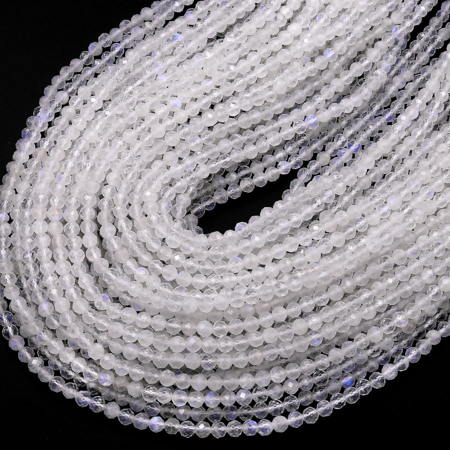 Natural Rainbow Moonstone 4mm Faceted Round Beads Translucent Gemstone 15.5" Strand