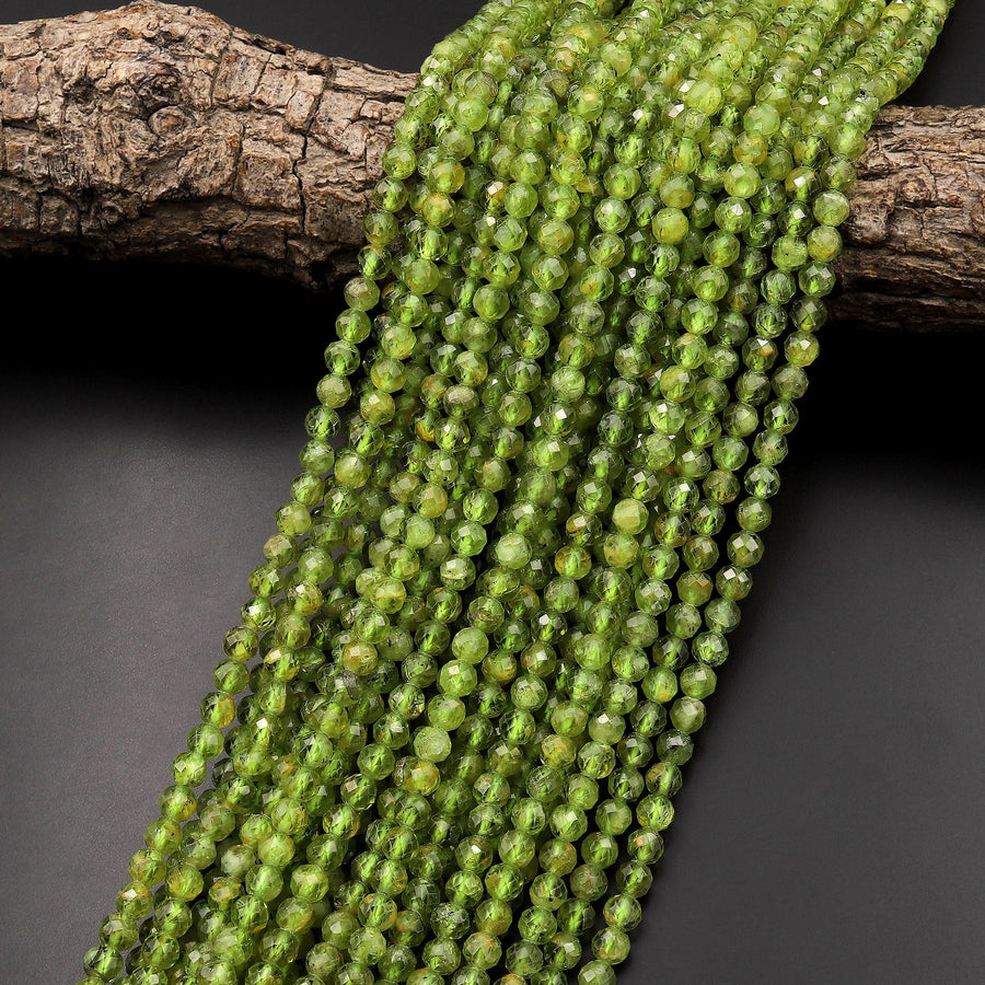 Faceted Natural Green Peridot 4mm Round Beads Micro Diamond Cut Gemstone 15.5" Strand