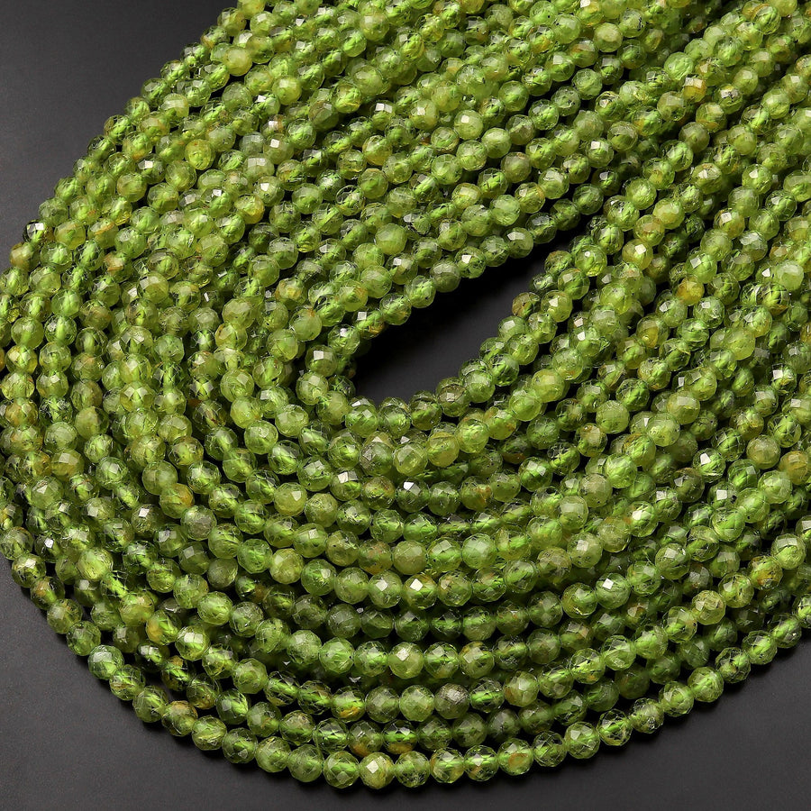 Faceted Natural Green Peridot 4mm Round Beads Micro Diamond Cut Gemstone 15.5" Strand