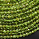 Faceted Natural Green Peridot 4mm Round Beads Micro Diamond Cut Gemstone 15.5" Strand