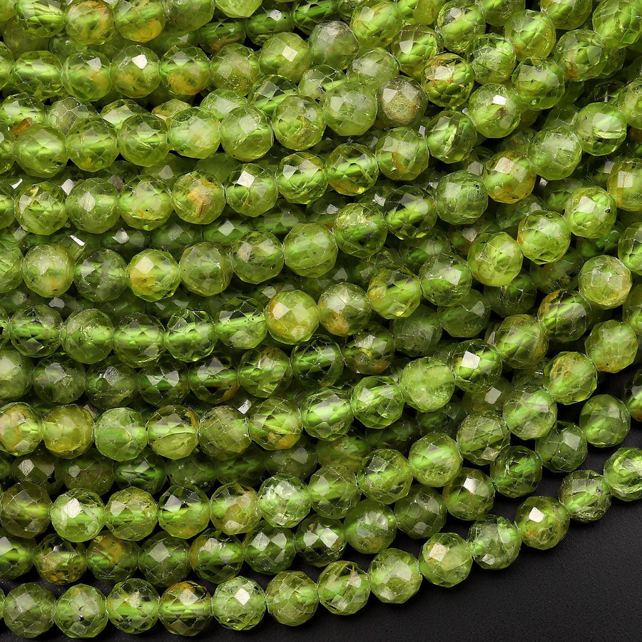 Faceted Natural Green Peridot 4mm Round Beads Micro Diamond Cut Gemstone 15.5" Strand