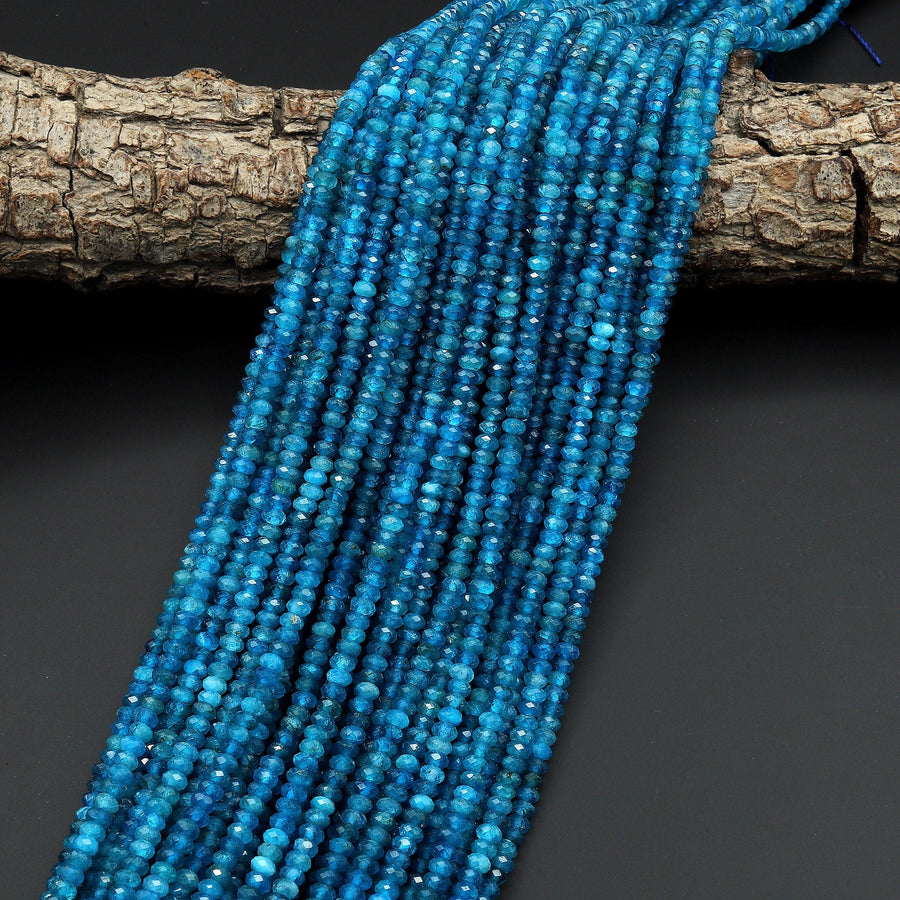 AAA+ Faceted Natural Blue Apatite 3mm 4mm Rondelle Beads Gemstone 15.5" Strand