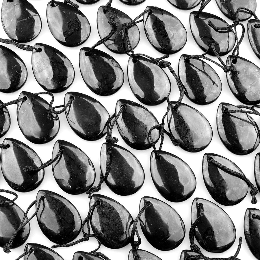 Hand Cut Genuine Natural Shungite Teardrop Pendant 30x20mm High Quality Black Lustrous Gemstone from Russia