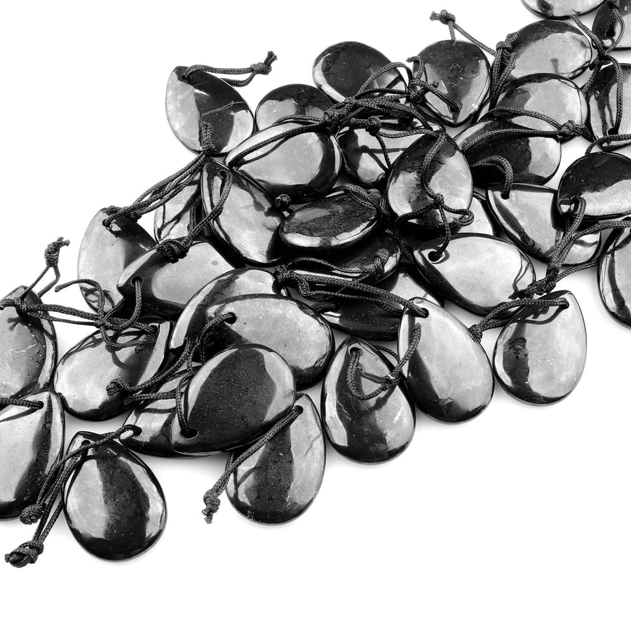 Hand Cut Genuine Natural Shungite Teardrop Pendant 30x20mm High Quality Black Lustrous Gemstone from Russia